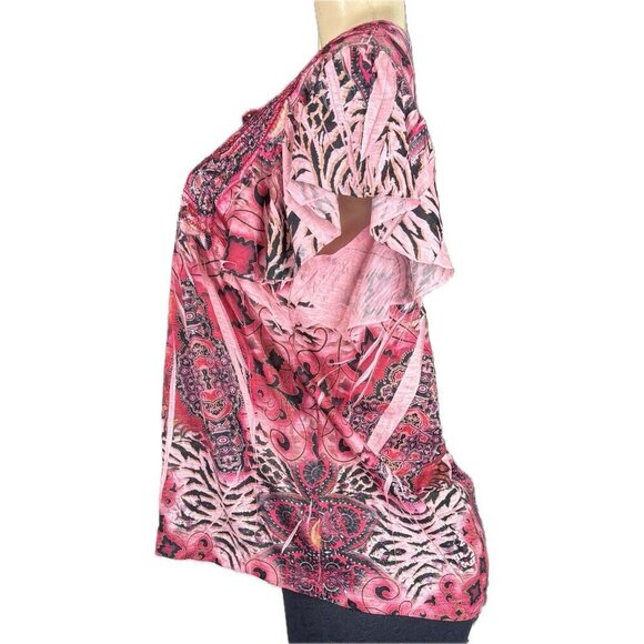 Unity World Wear L Pink Artsy Print Tie Neck Stud Detail Flutter Sleeve Blouse - Picture 5 of 6